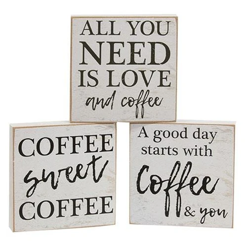 A Good Day Starts With Coffee 4" Wooden Coffee Themed Block Signs - Image 2