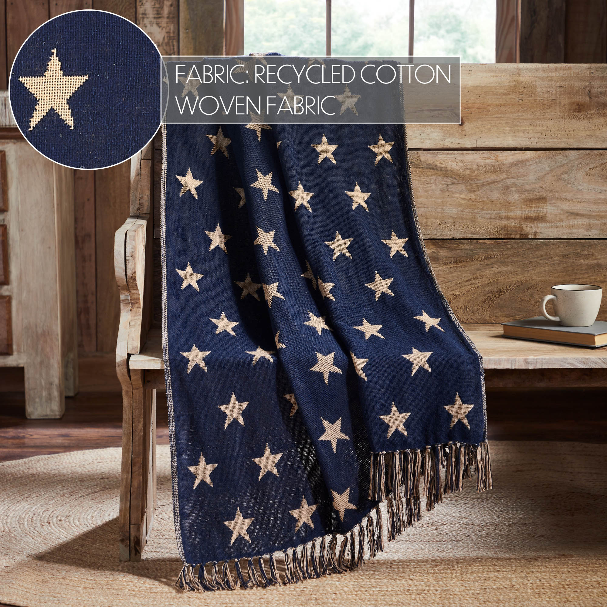 Americana Navy and Khaki Jacquard Stars Woven Double Sided Throw - Image 2