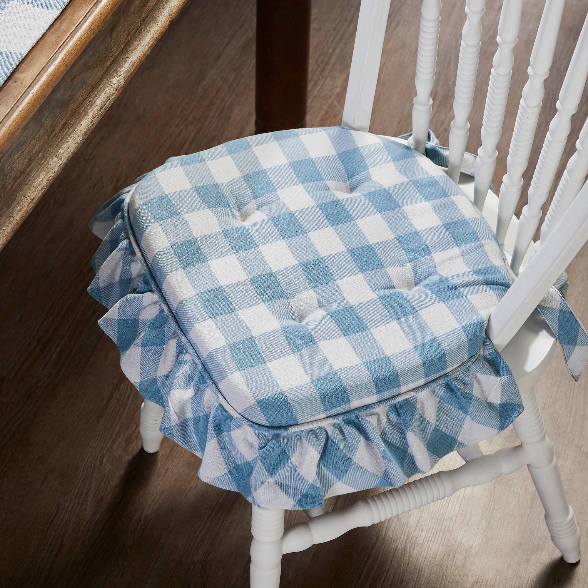 Annie Buffalo Check Blue Ruffled Chair Pad 16.5" x 18"