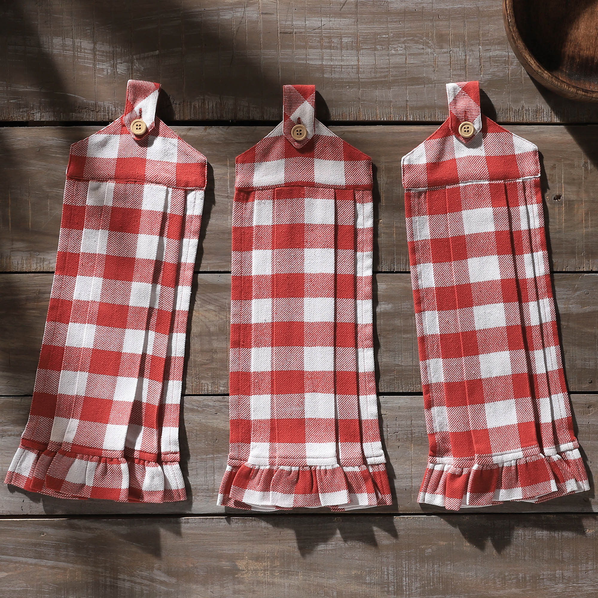Annie Buffalo Check Red Button Loop Tea Towels Set of 3