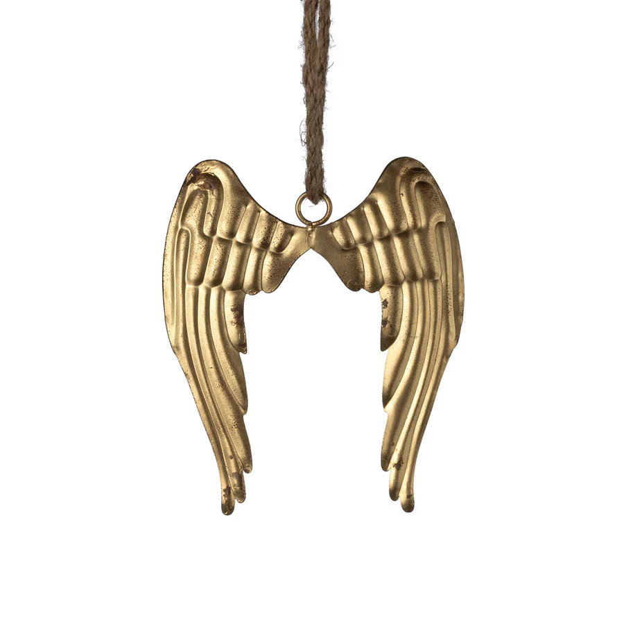 Antique Gold Distressed Metal Angel Wing Ornament 7"