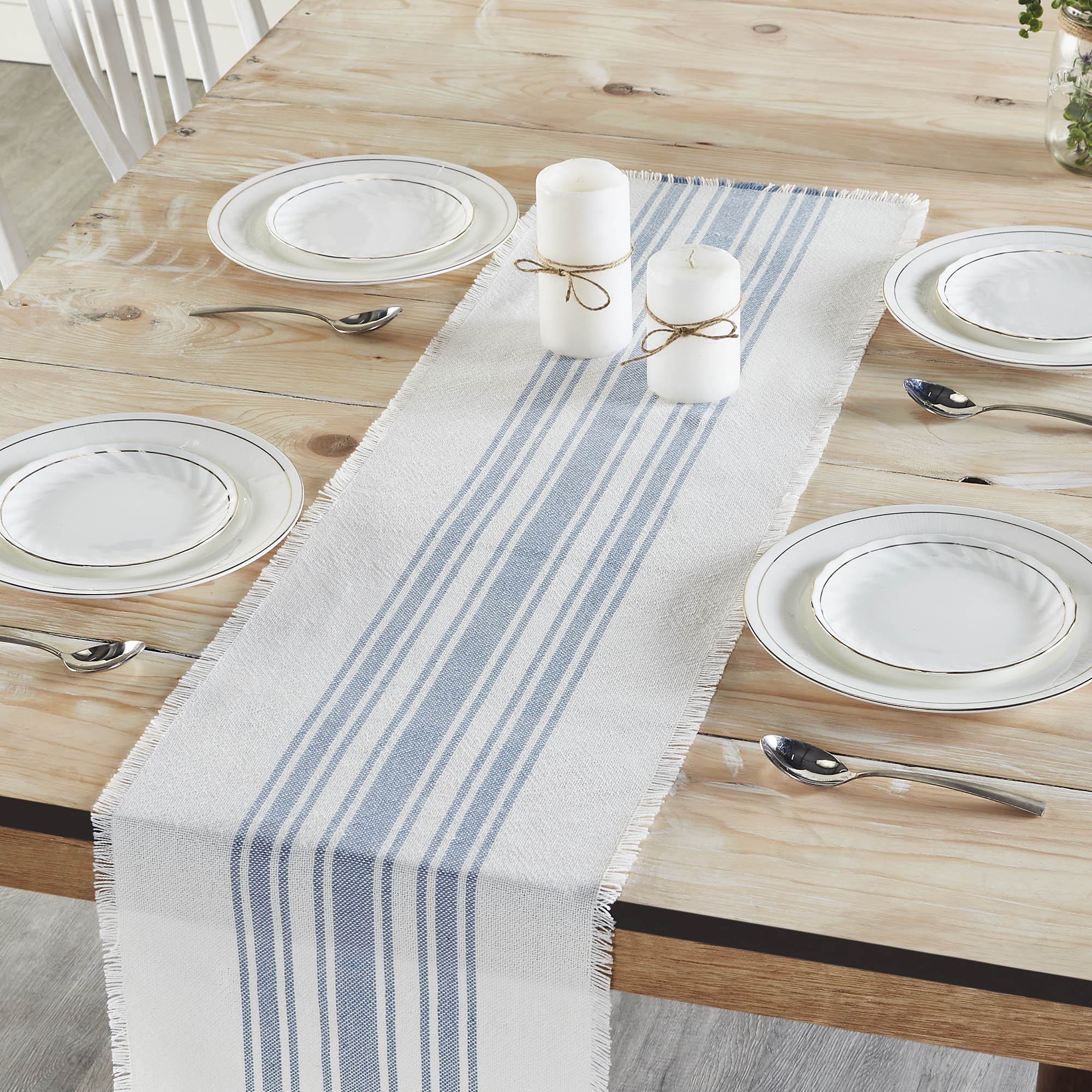Antique White Stripe Blue Indoor/Outdoor 48" Table Runner