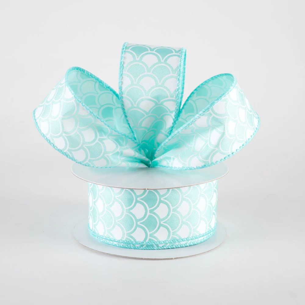 ๐ ๐ฅ Aqua and White Satin Fish Scales Mermaid Ribbon 1.5" x 10 Yards