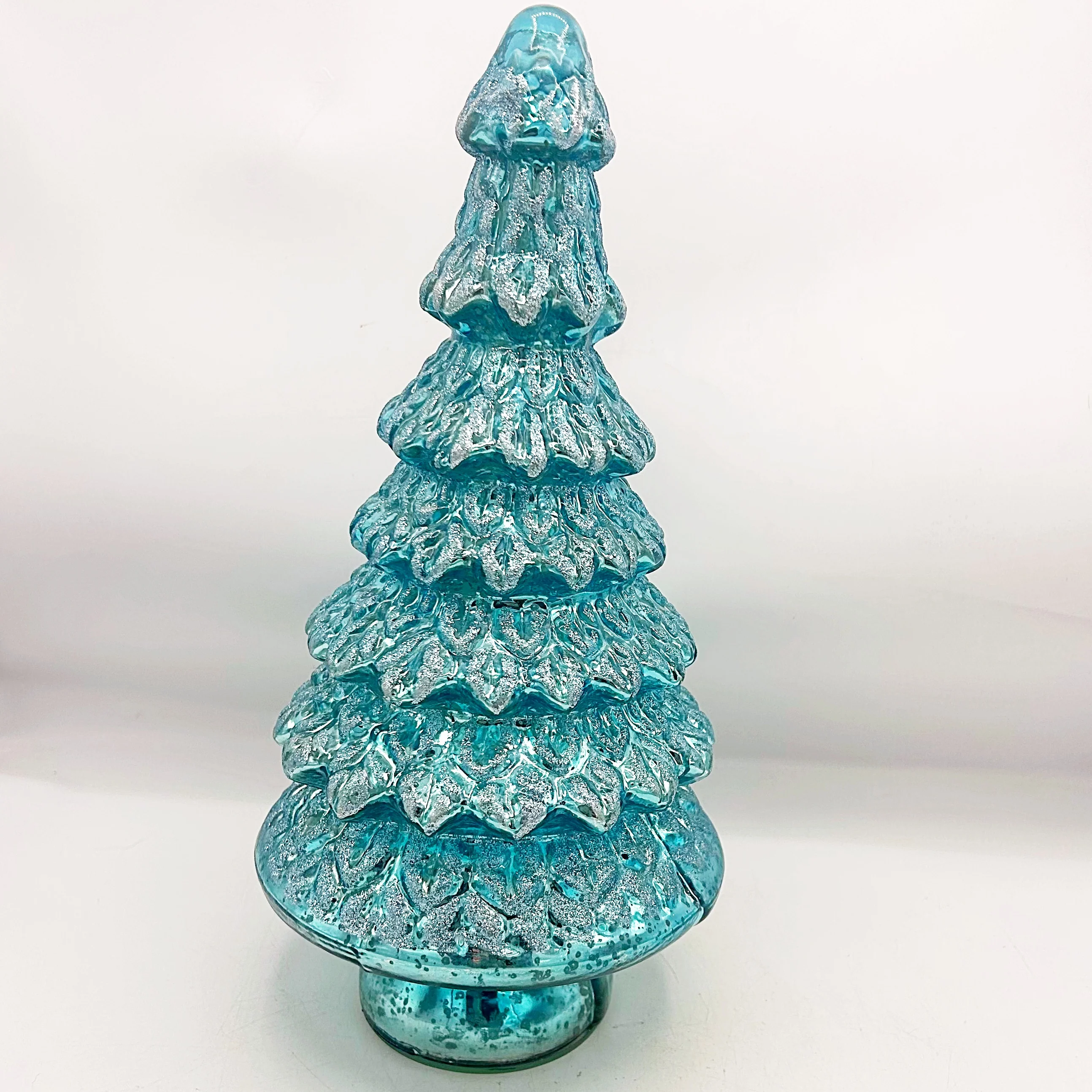 💙 Aqua Blue Mercury Glass Glitter Frosted Tree 14" H - Image 3