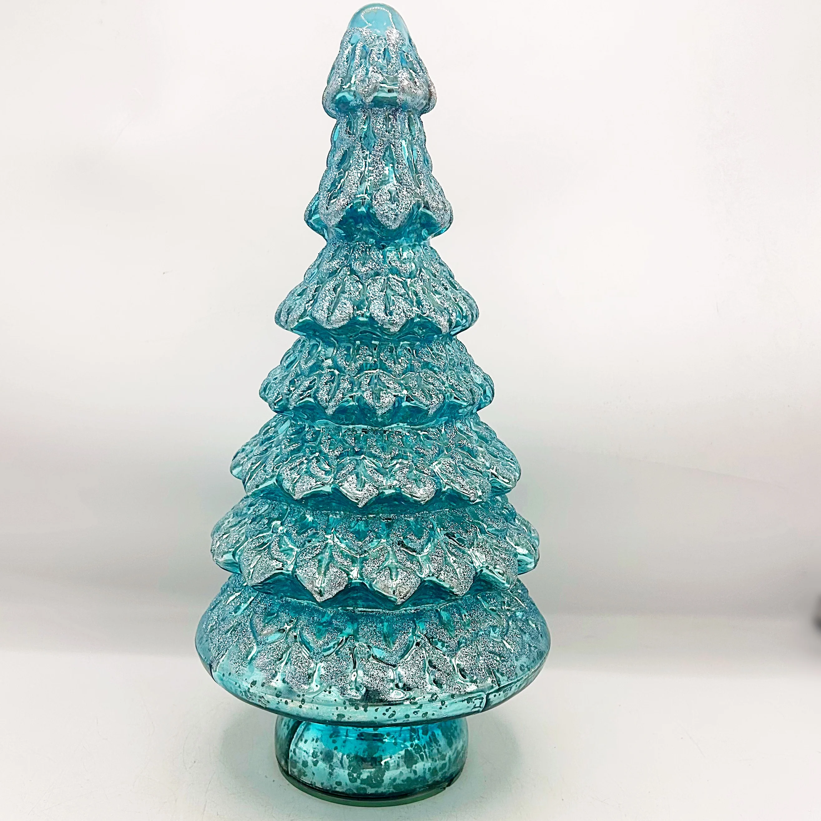 💙 Aqua Blue Mercury Glass Glitter Frosted Tree 14" H - Image 4