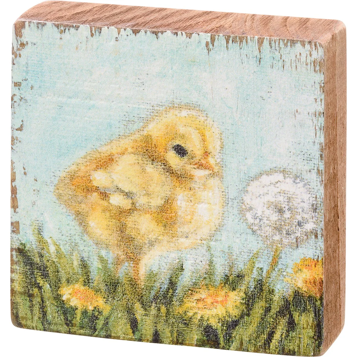 Baby Chicks With Dandelions Small Wooden Block Sign