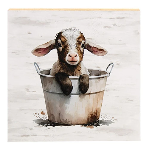Baby Goat in a Bucket 8" Wooden Block