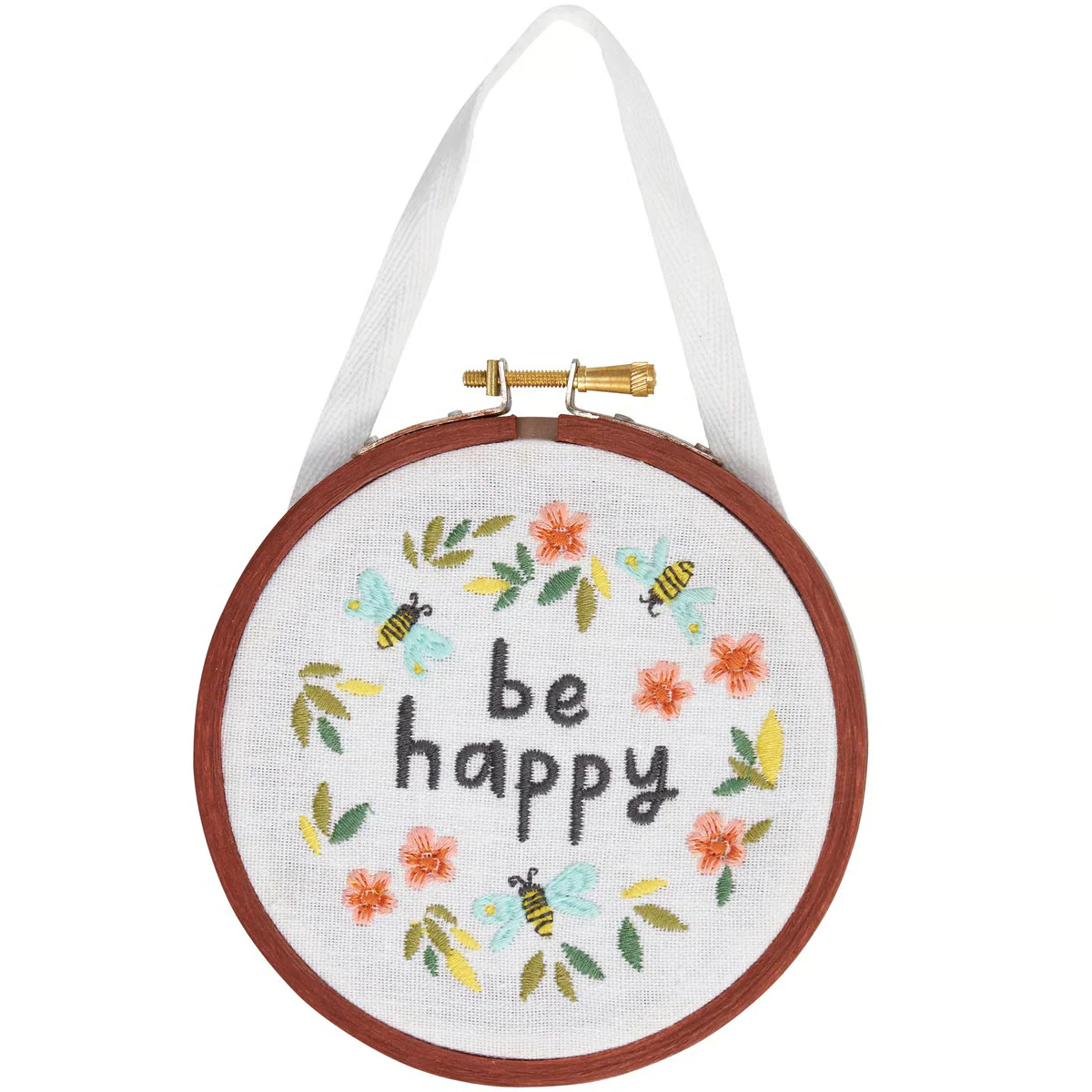 Be Happy Flowers and Bees Embroidered Hoop Hanging