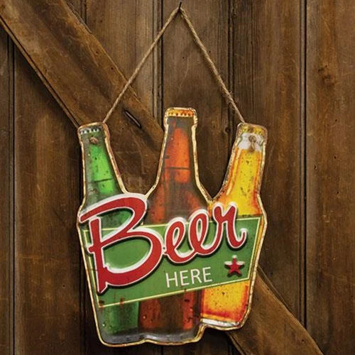 Beer Here Bottles Hanging Metal Sign