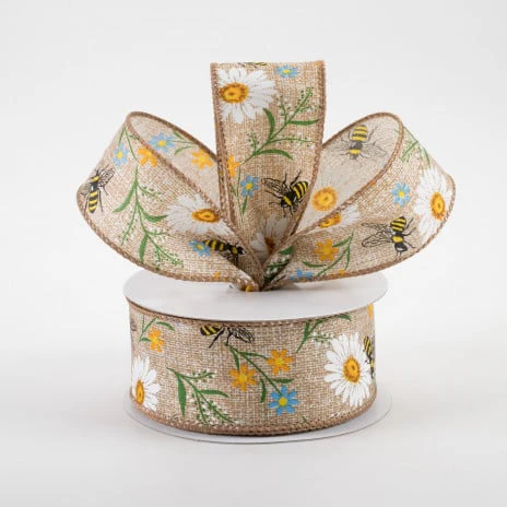 Bees & Flowers Print Linen Ribbon 1.5" x 10 yards