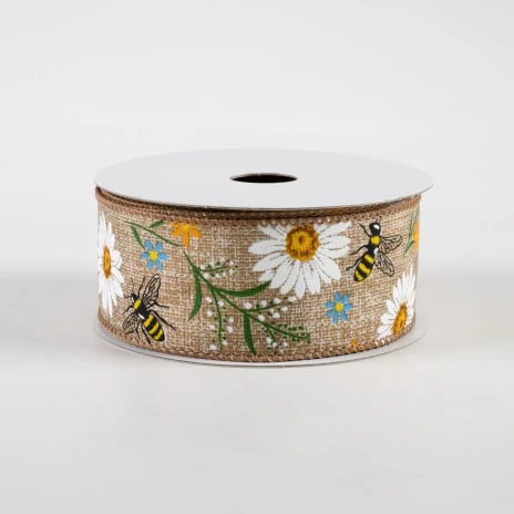 Bees & Flowers Print Linen Ribbon 1.5" x 10 yards - Image 2