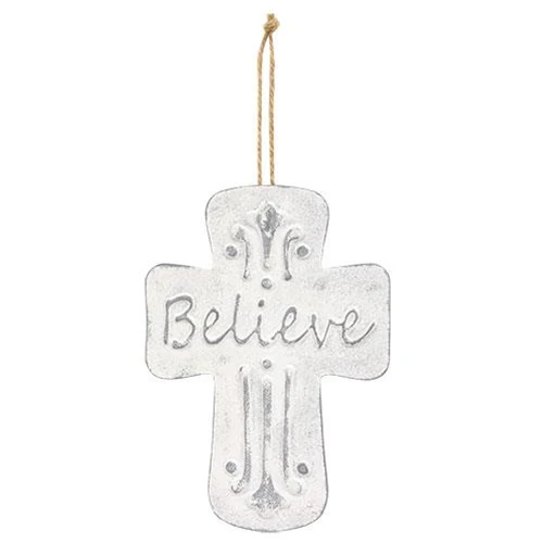Believe Distressed Metal Cross Dotted Ornament - Image 2