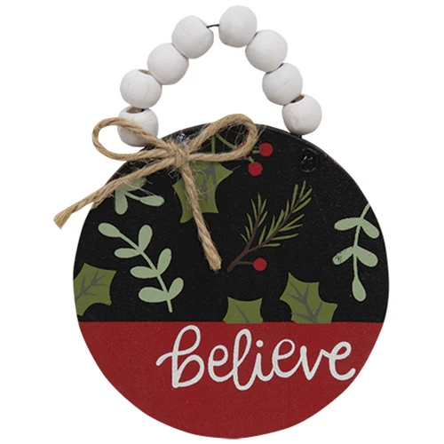 ๐ Believe Painted Holly & Pine Beaded Ornament