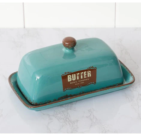 Bella's Creamery Teal Ceramic Butter Dish