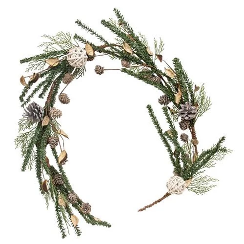 Birch Cone Pod and Glitter Rattan Ball 5 Ft Faux Evergreen Garland