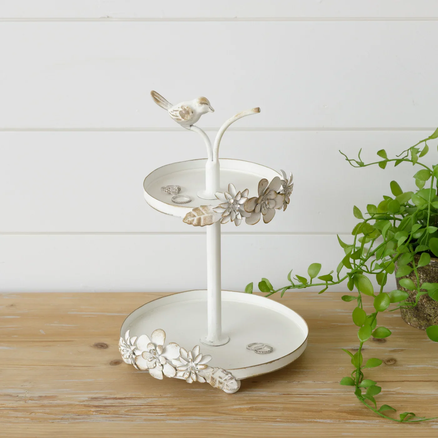 Bird and Flowers Iron Tiered Trinket Tray 10.5" H