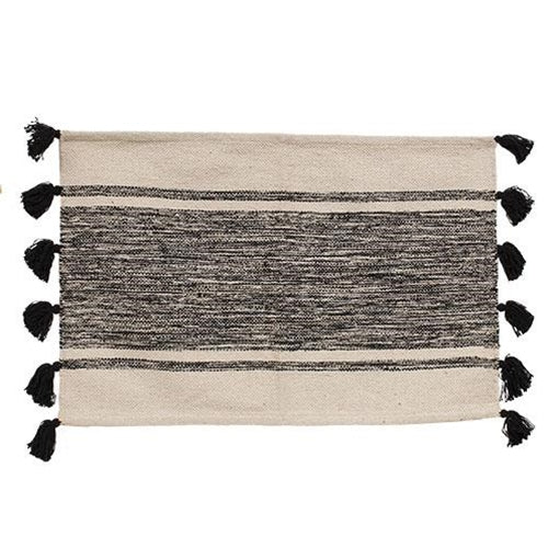 Black and Cream Woven Accent Rug with Tassels