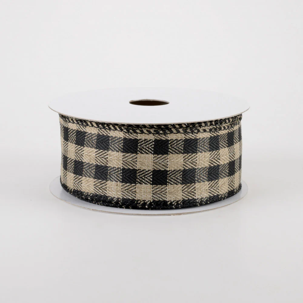 Black and Natural Woven Buffalo Plaid Ribbon 1.5" x 10 yards