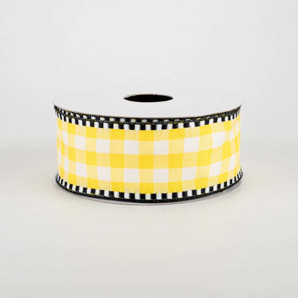 Black Dashed Edge Yellow & White Check Plaid Ribbon 1.5" x 10 yards