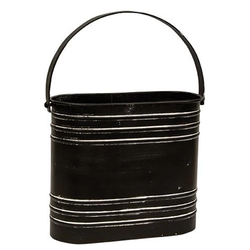 Black Distressed Metal Oval Flower Bucket With Handle - Image 2