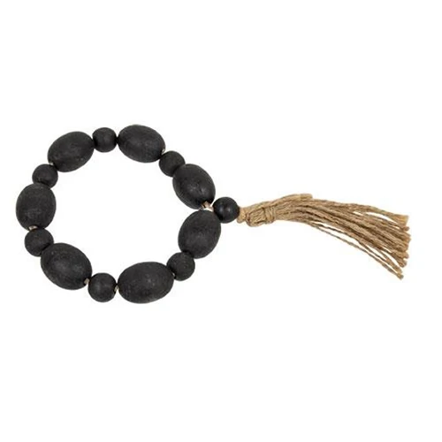 Black Distressed Wood Oval Bead Candle Ring With Jute Tassel