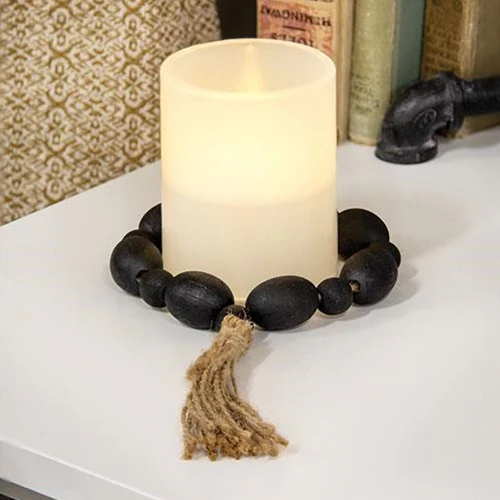Black Distressed Wood Oval Bead Candle Ring With Jute Tassel - Image 2