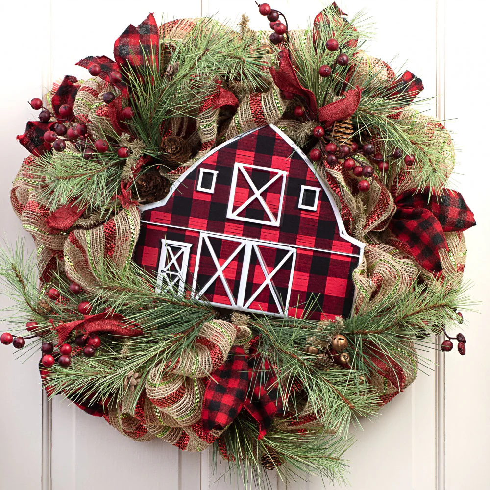 💙 Black & Red Buffalo Plaid Barn 12" Metal Embossed Hanger - Image 3