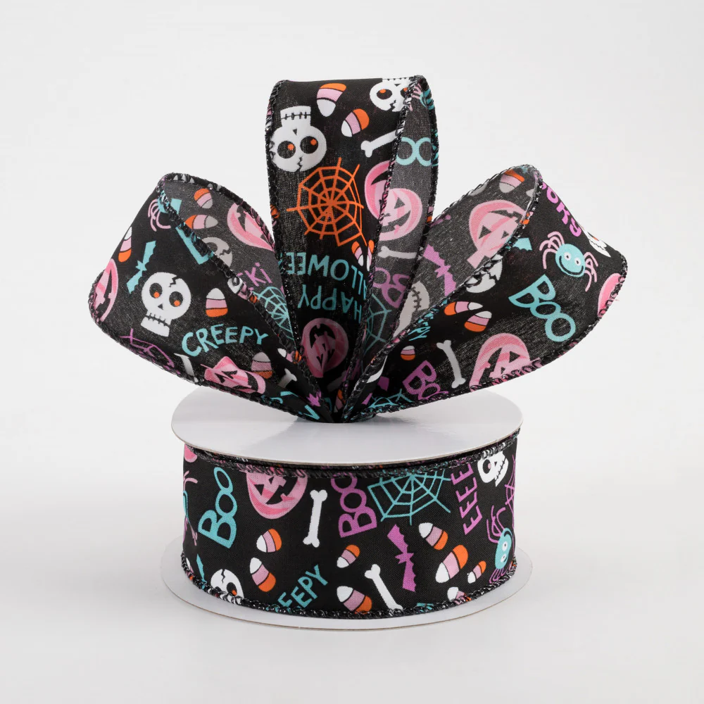 Black Satin Happy Halloween Icons Ribbon 1.5" x 10 Yards