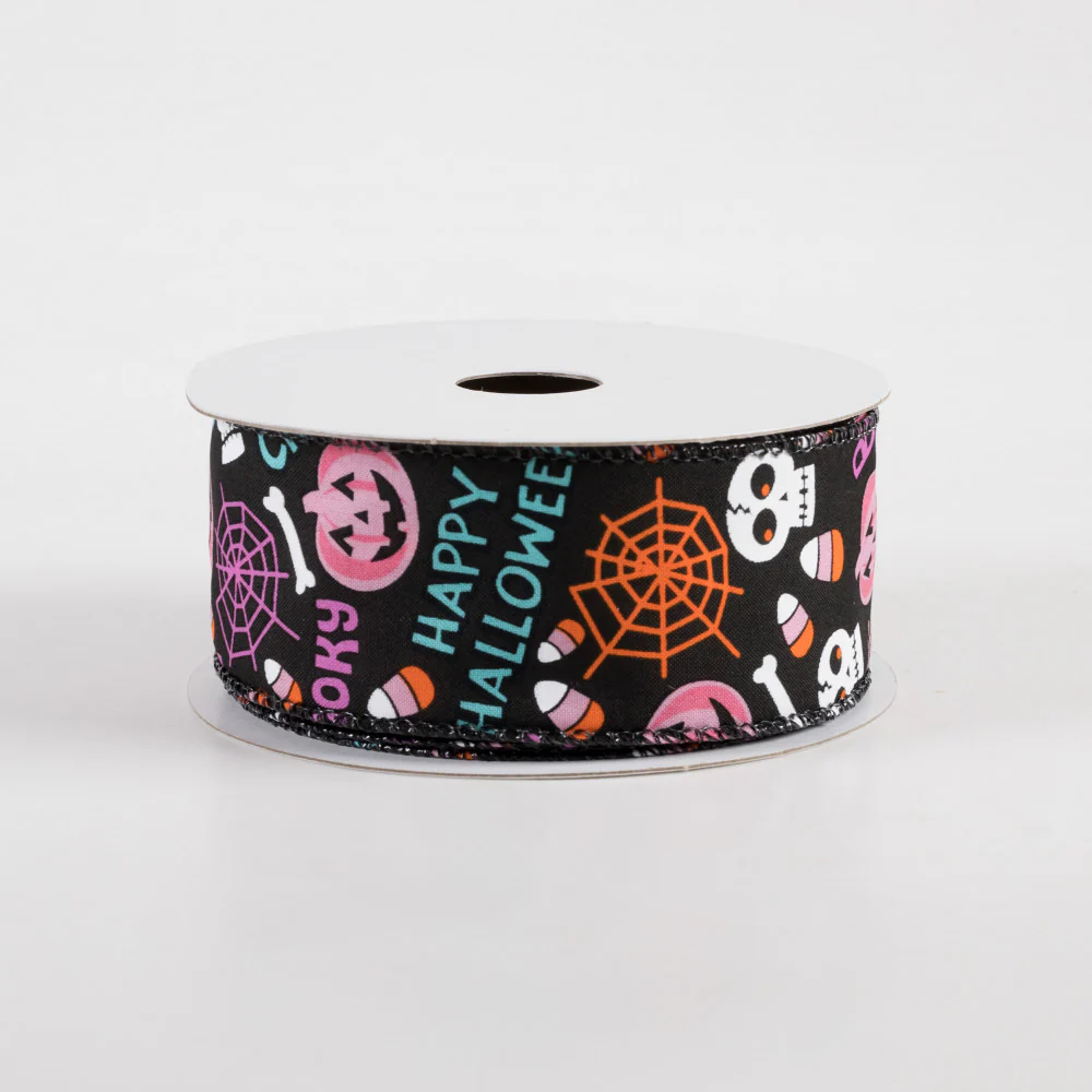 Black Satin Happy Halloween Icons Ribbon 1.5" x 10 Yards - Image 2