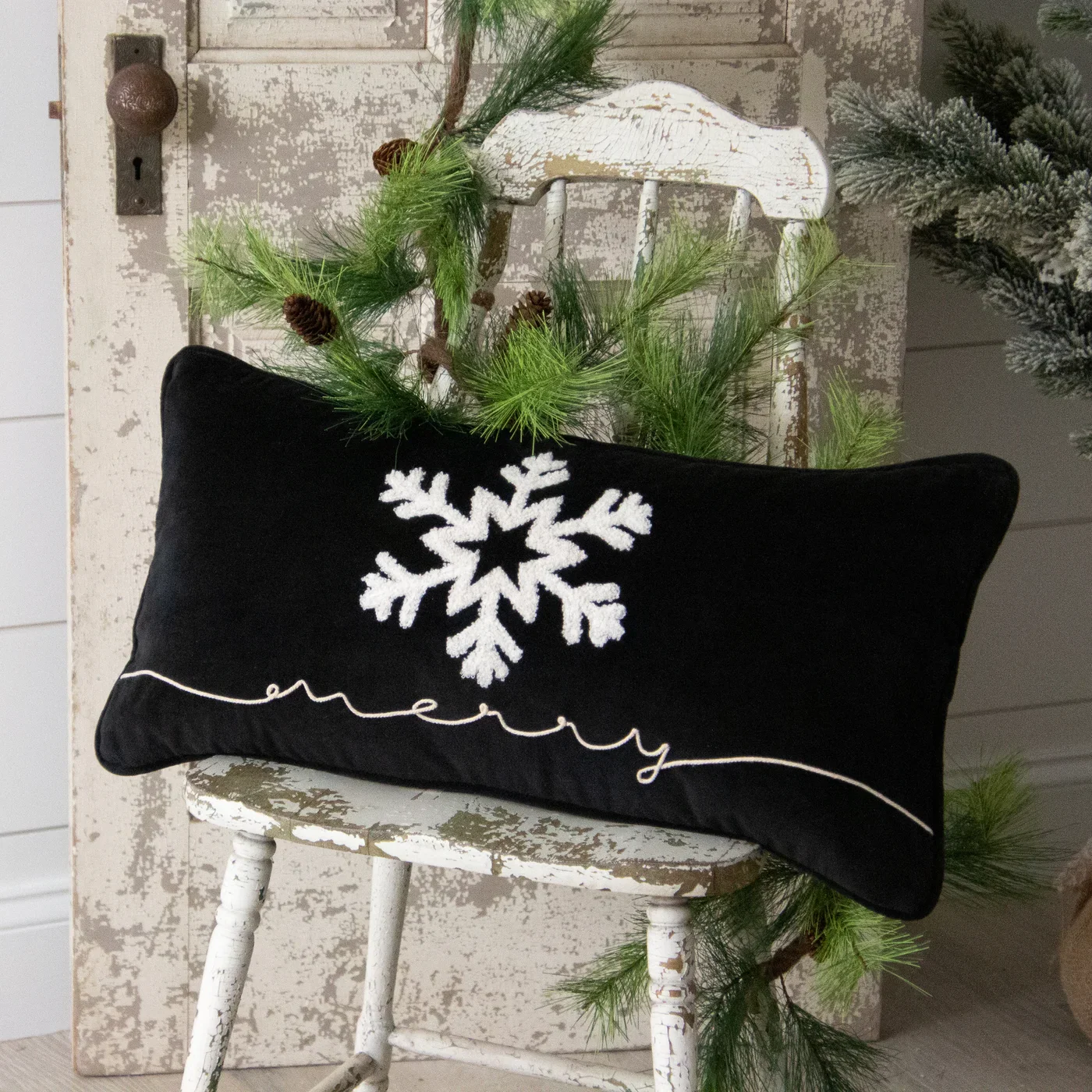 Black Velvet With Tufted Snowflake Lumbar Pillow