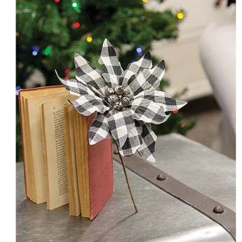 Black & White Buffalo Check Poinsettia Floral Pick
