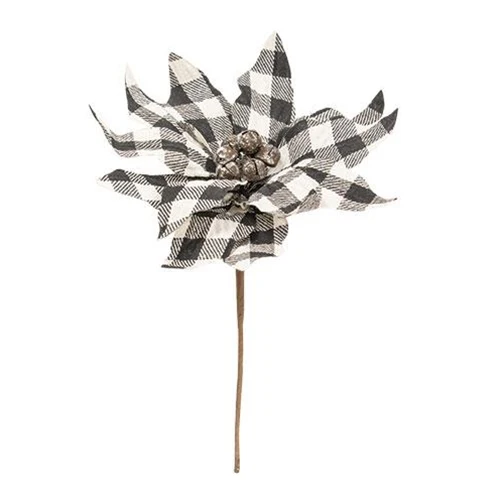 Black & White Buffalo Check Poinsettia Floral Pick - Image 2