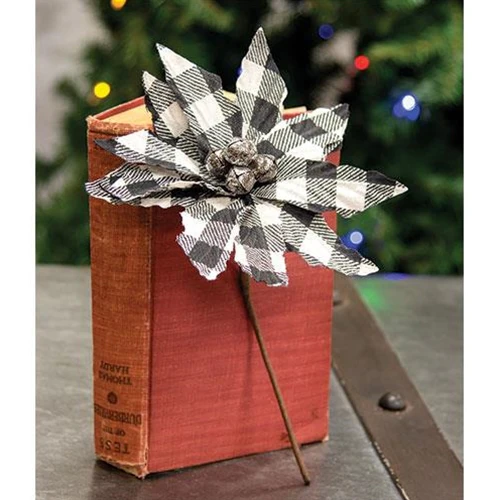Black & White Buffalo Check Poinsettia Flower with Jingle Bells