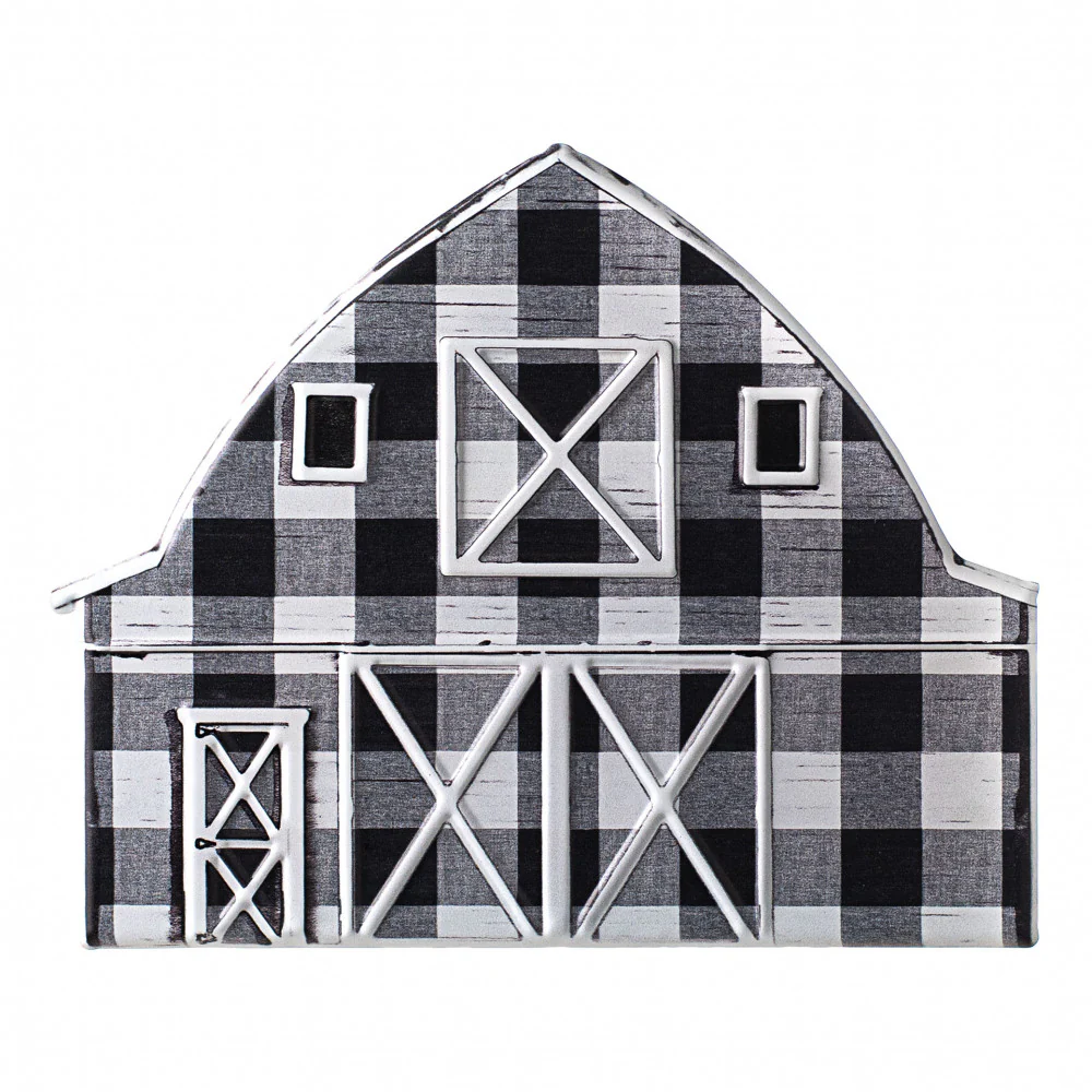 💙 Black & White Buffalo Plaid Barn 12" Metal Embossed Hanger