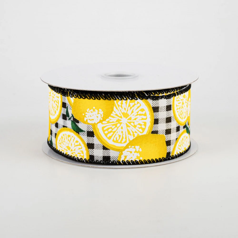 Black & White Buffalo Plaid Lemons Ribbon 1.5" x 10 yards