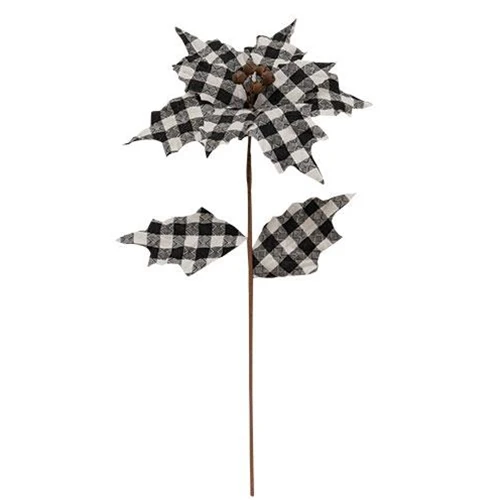 💙 Black & White Buffalo Plaid Poinsettia 20" Spray