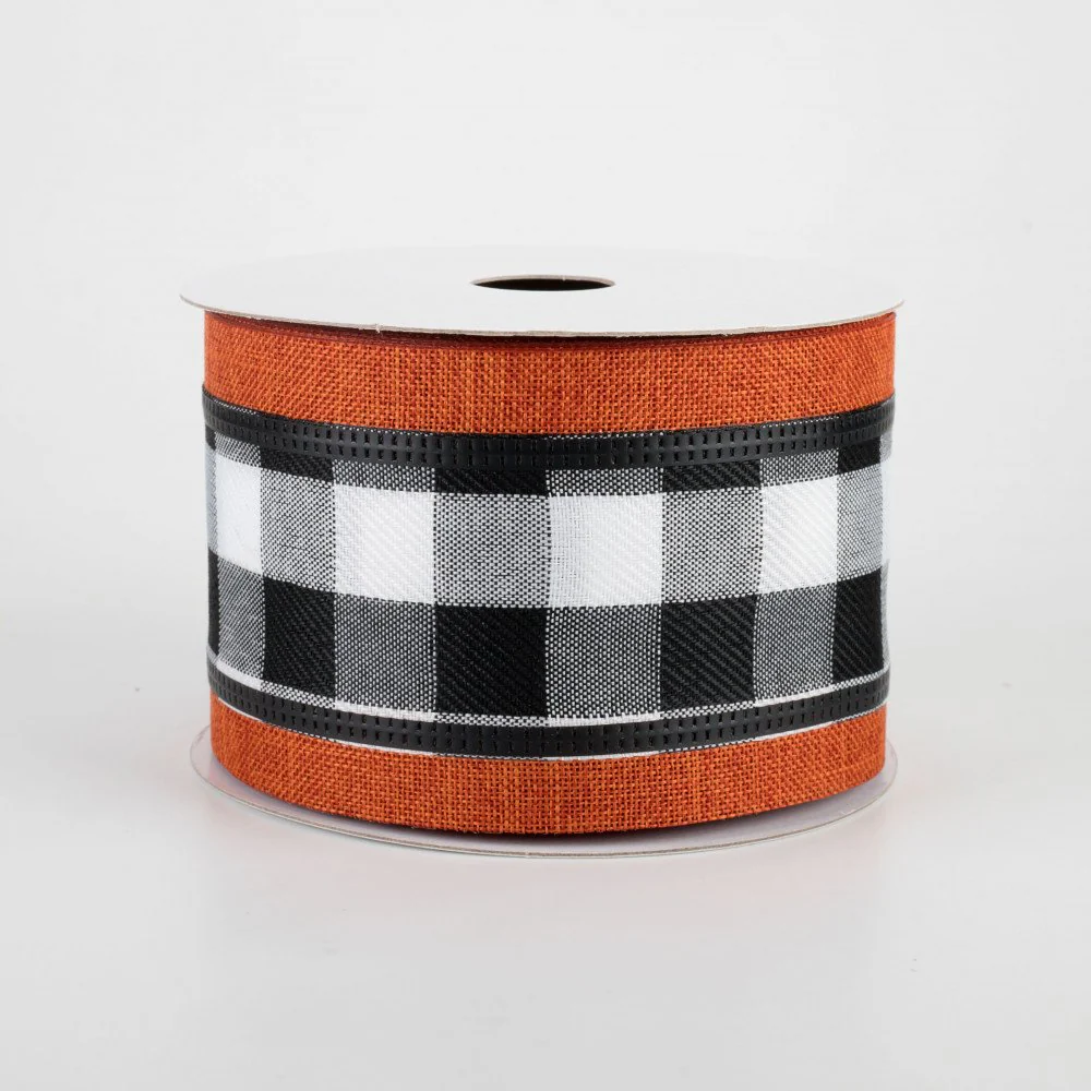 Black & White Buffalo Plaid w/ Rust Orange Edge Ribbon 2.5" x 10 yards