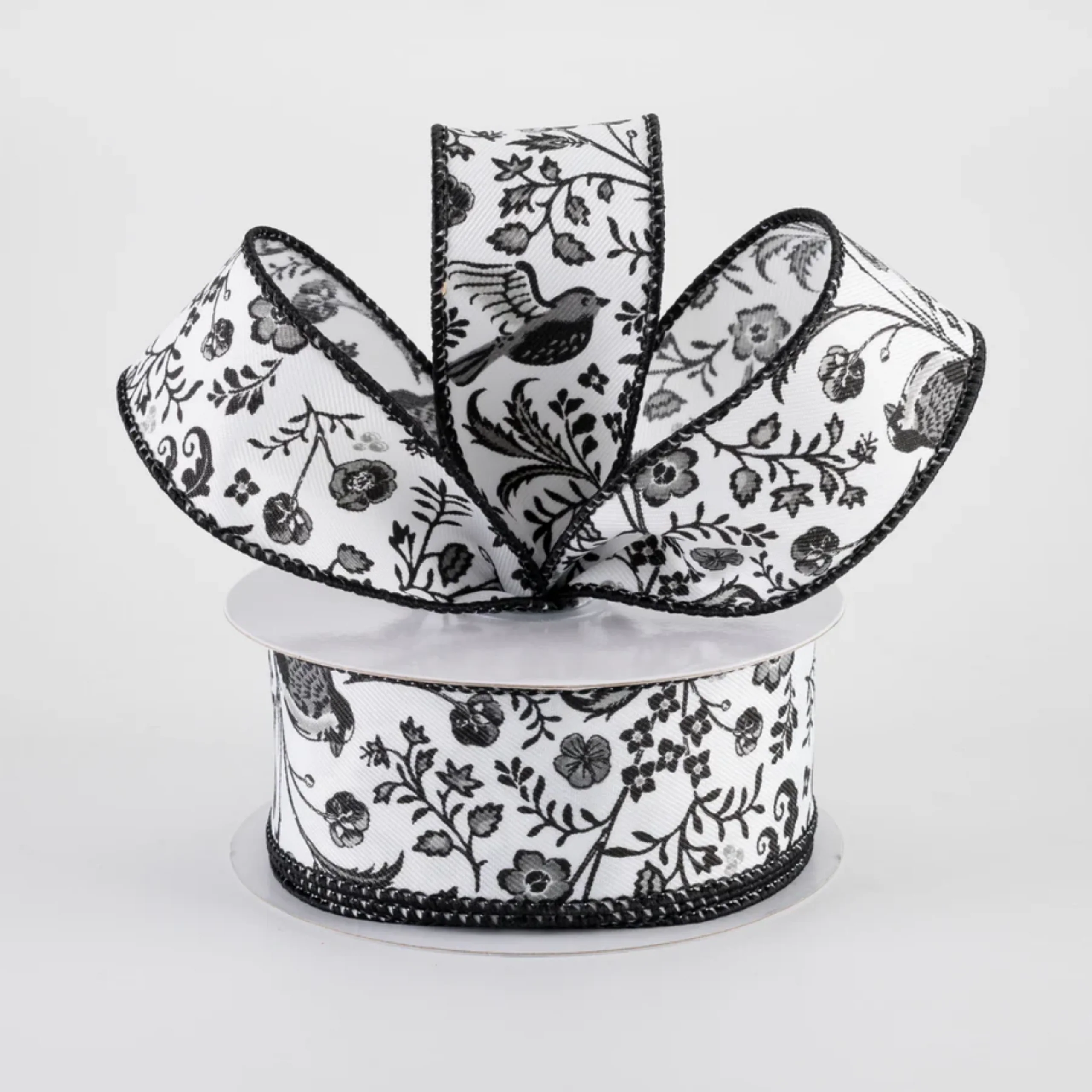 Black & White Chinoiserie Floral Ribbon 1.5" x 10 Yards - Image 2