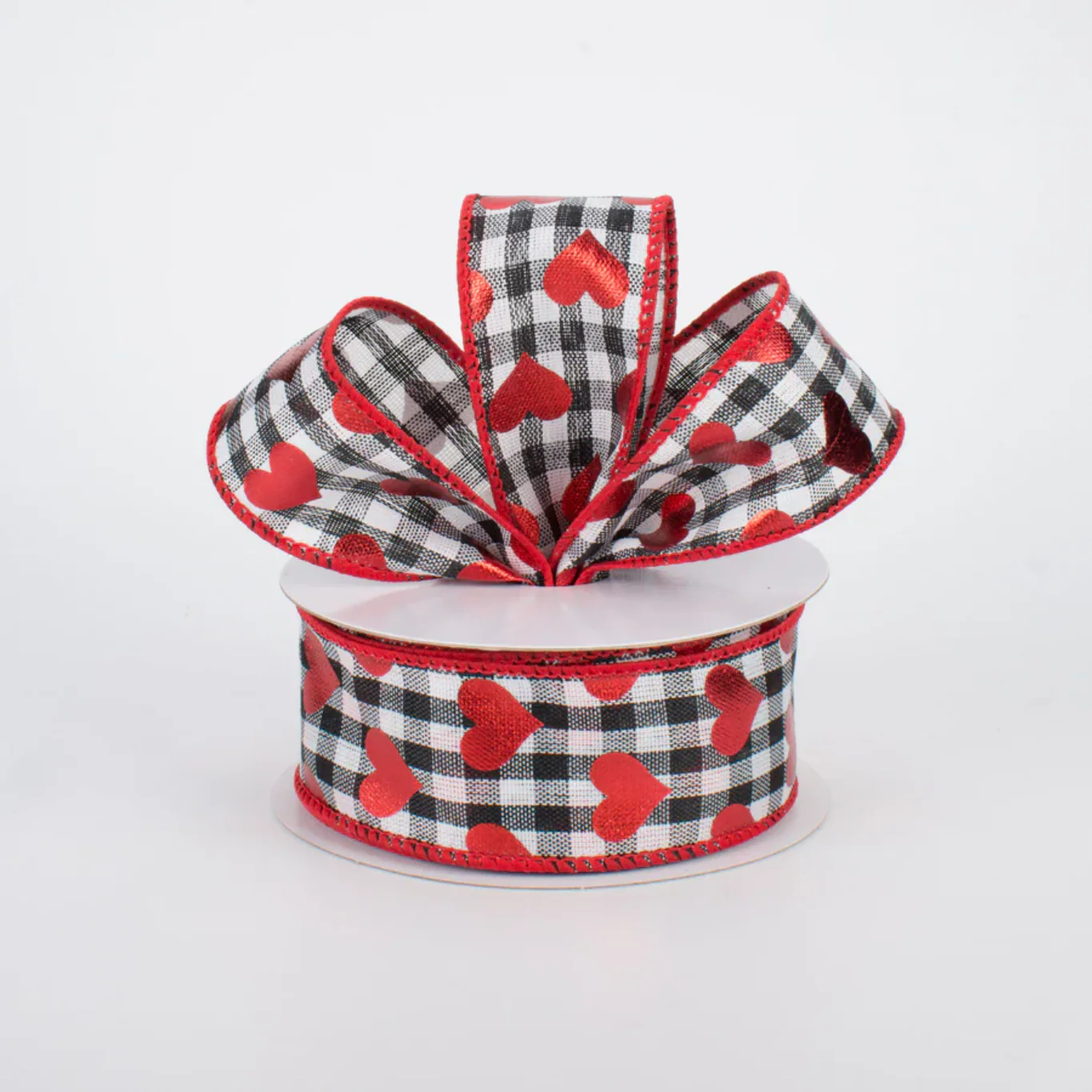 Black & White Gingham Metallic Heart Ribbon 1.5" x 10 yards