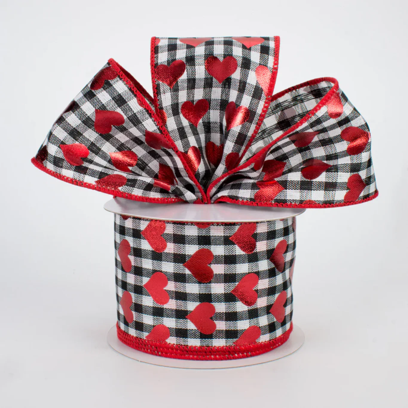 π Black & White Gingham Metallic Heart Ribbon 2.5" x 10 Yards