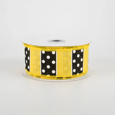 💙 Black & White Polka Dot Yellow Stripes Ribbon 1.5" x 10 yards