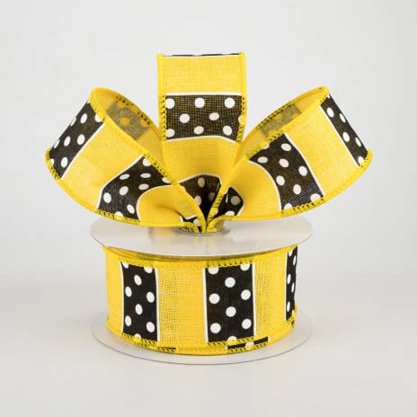 💙 Black & White Polka Dot Yellow Stripes Ribbon 1.5" x 10 yards - Image 2