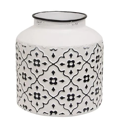 Black & White Vintage Patterned Metal Vase 7" H