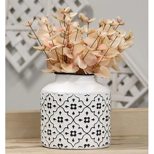 Black & White Vintage Patterned Metal Vase 7" H - Image 2