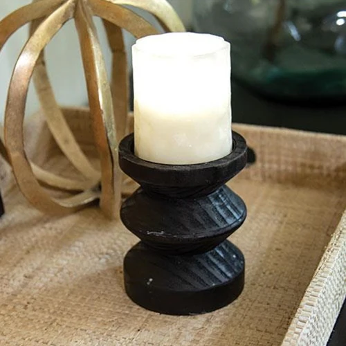 Black Wooden Pillar Candle Holder 4.75" Tall - Image 2