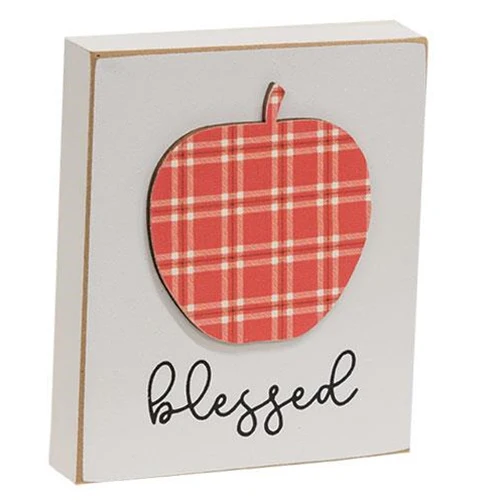 Blessed Plaid Apple 4.5" H Wood Block Sign