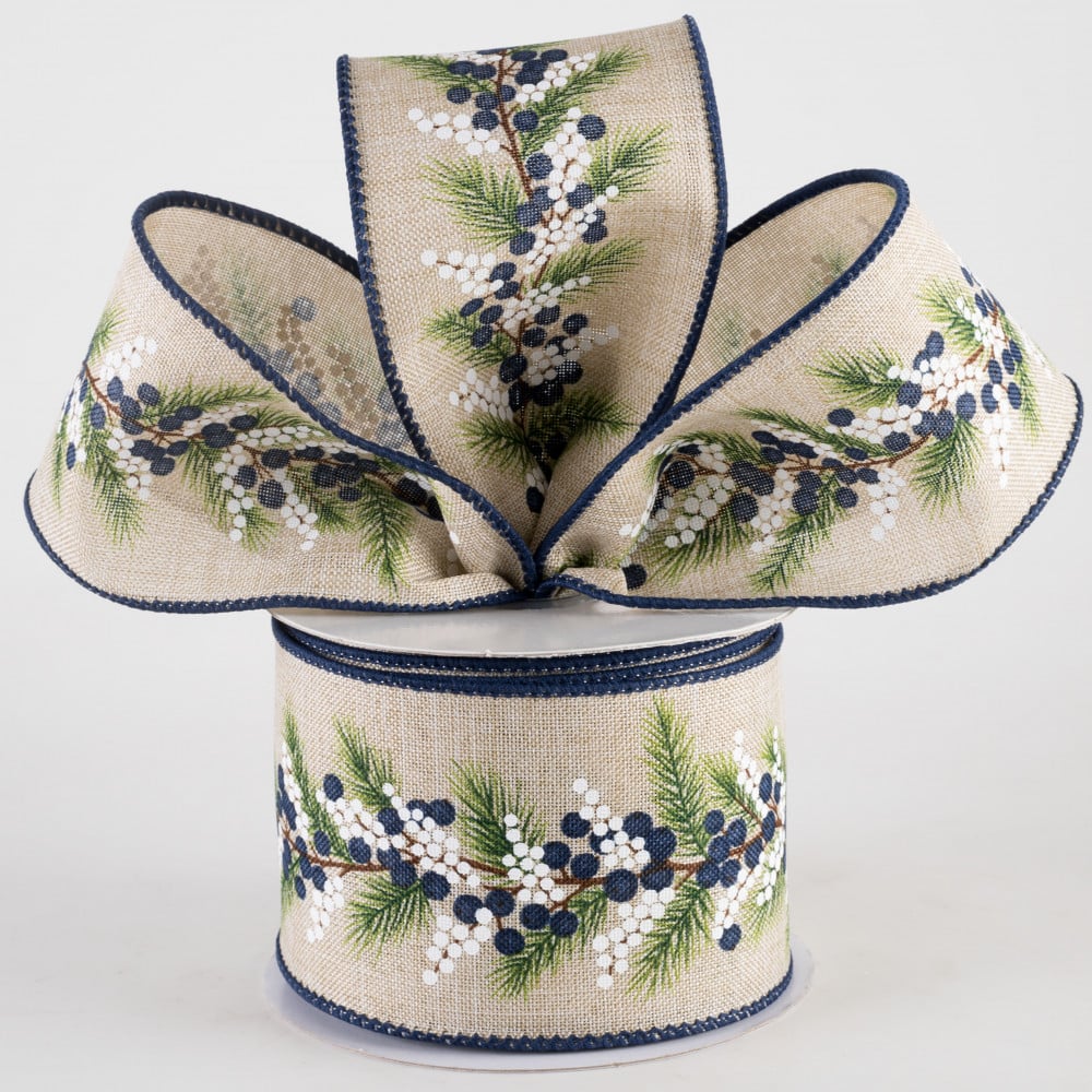 ๐ Blue and White Berries and Pine Ribbon 2.5" x 10 yards