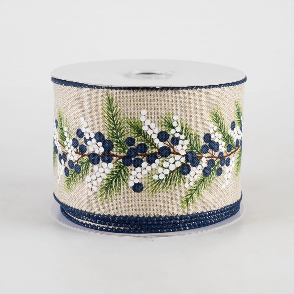 ๐ Blue and White Berries and Pine Ribbon 2.5" x 10 yards - Image 2
