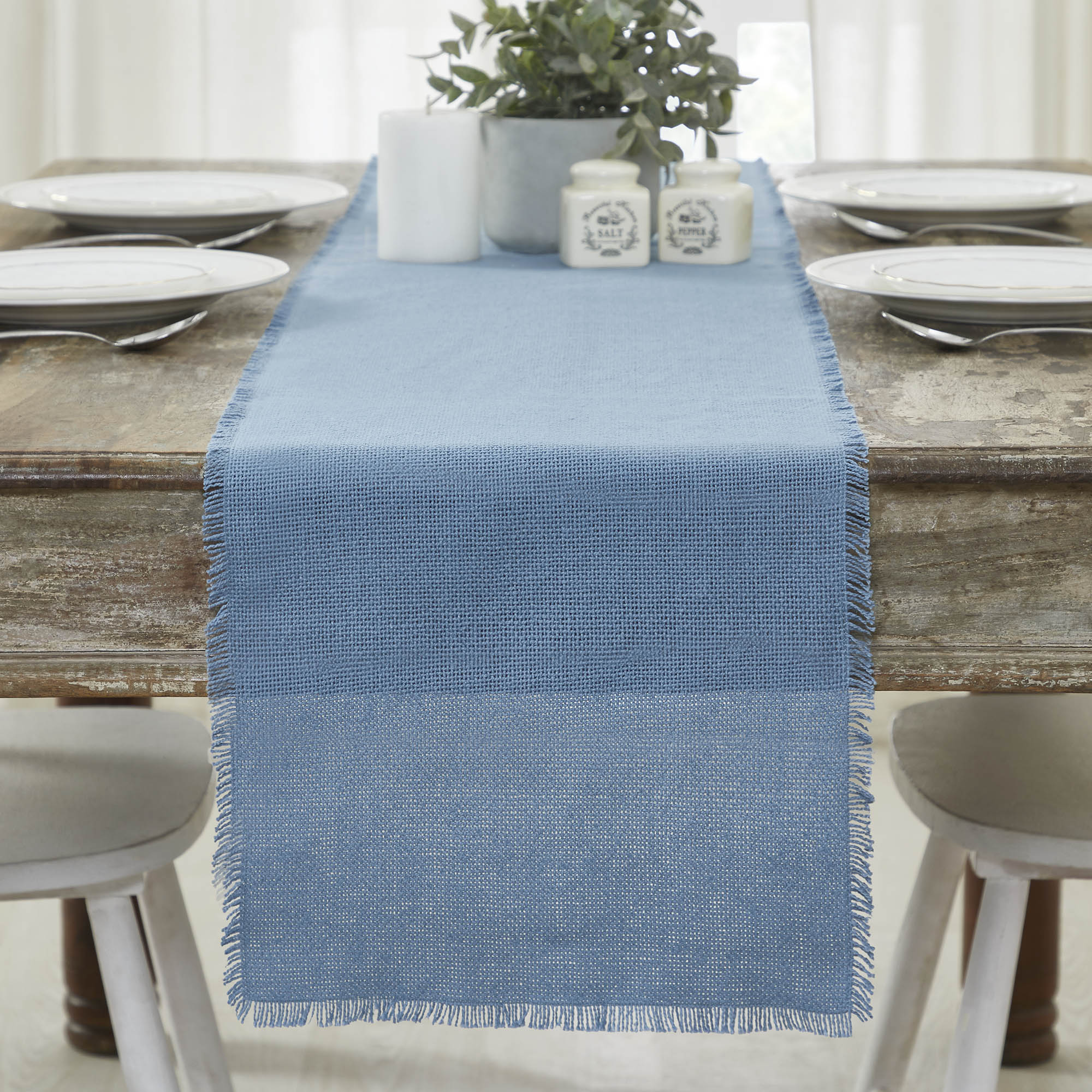 Blue Burlap Fringed Table Runner 12" x 72"