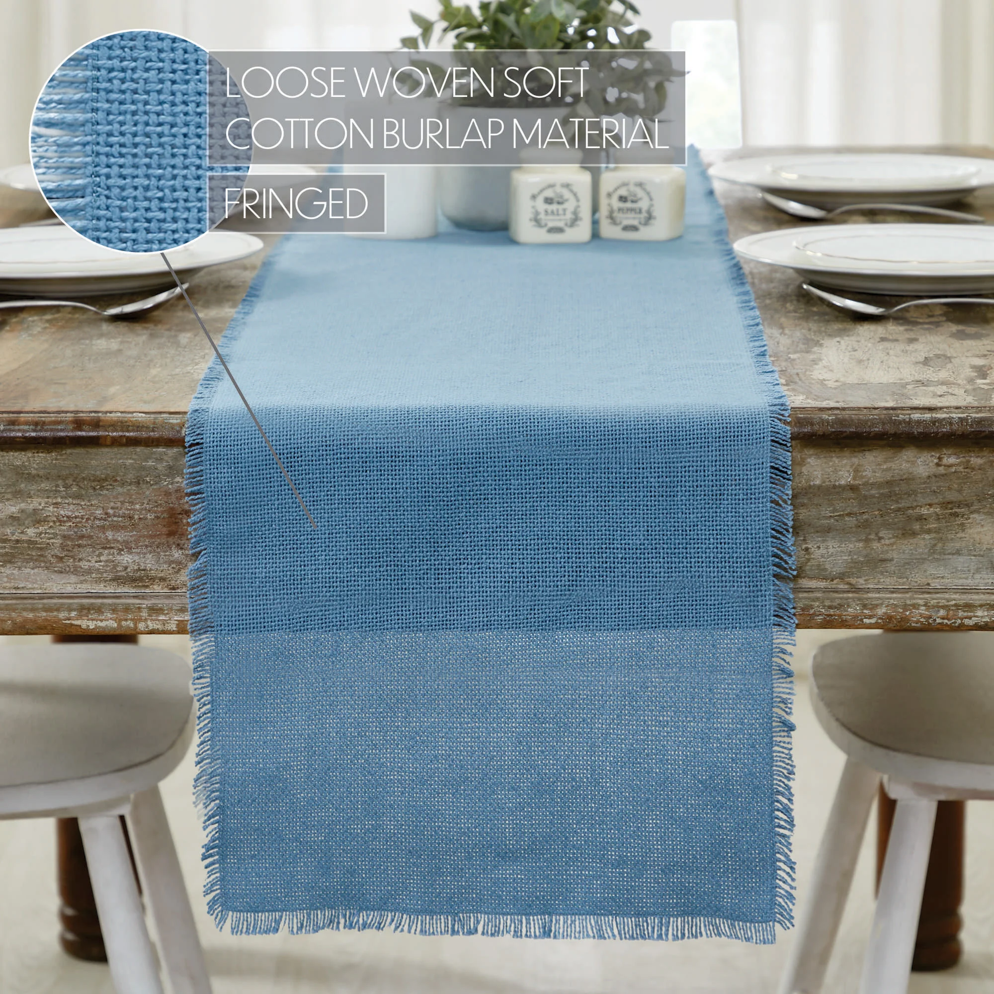 Blue Burlap Fringed Table Runner 12" x 72" - Image 4